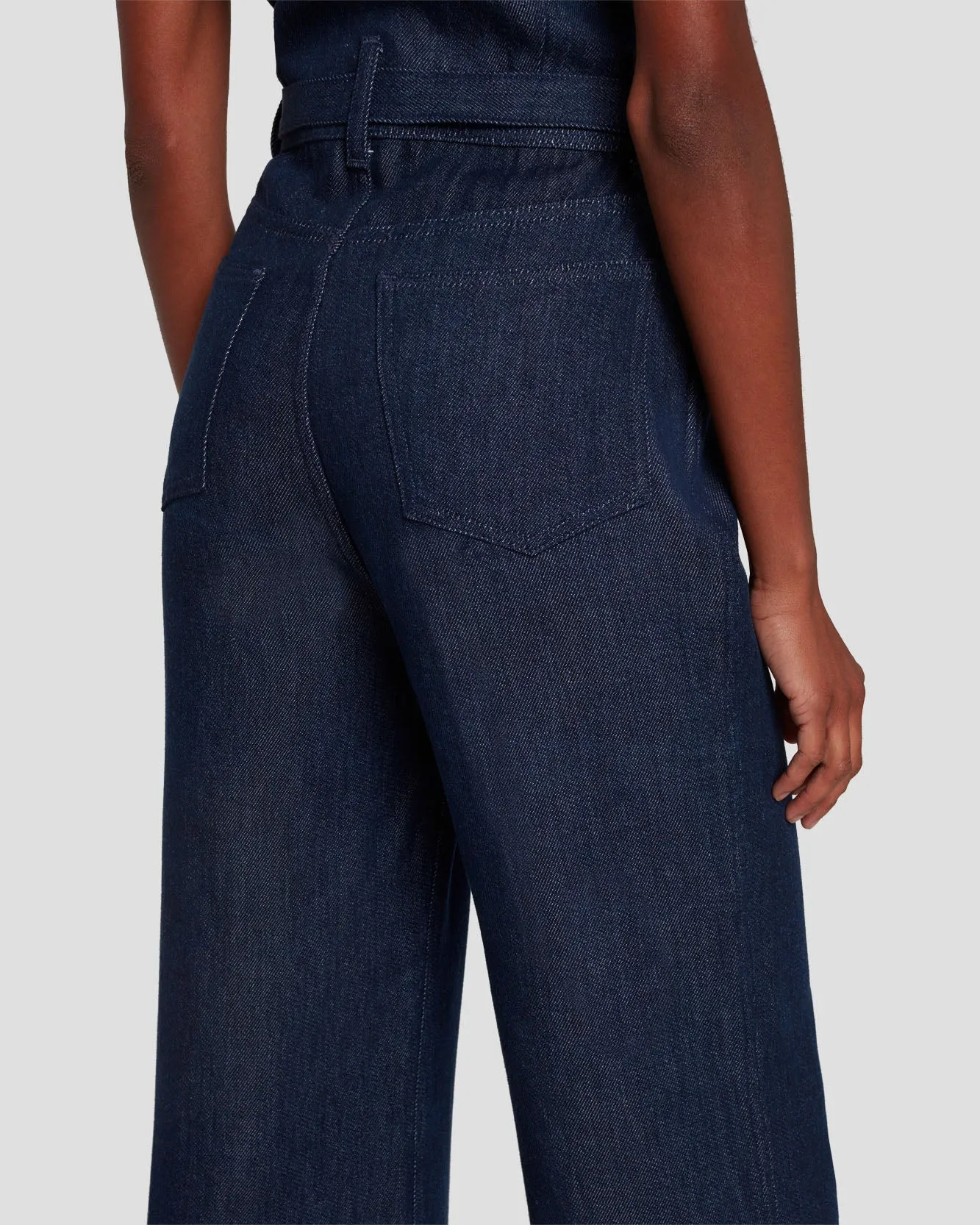 Denim Lustre Tailored Wide Leg Jumpsuit in Dark Rinse