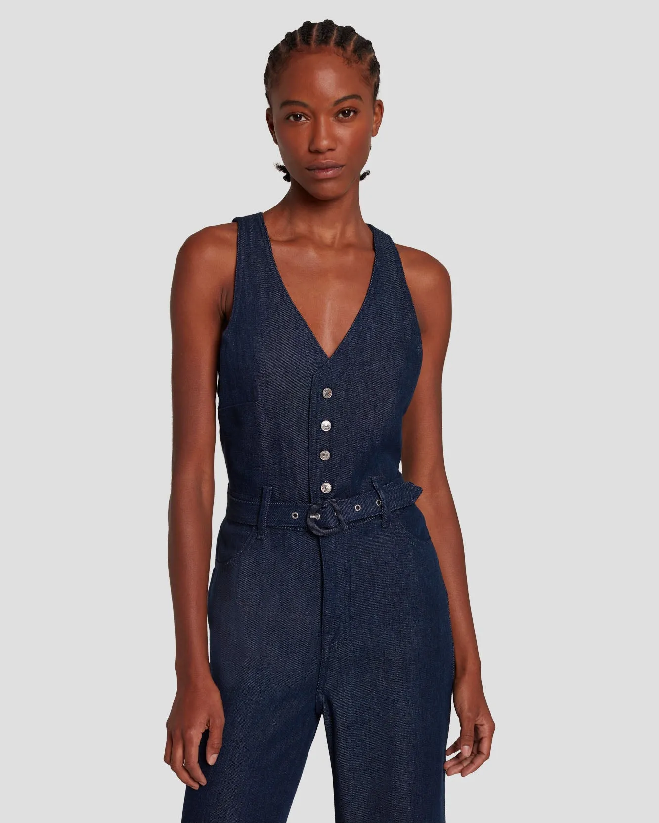 Denim Lustre Tailored Wide Leg Jumpsuit in Dark Rinse