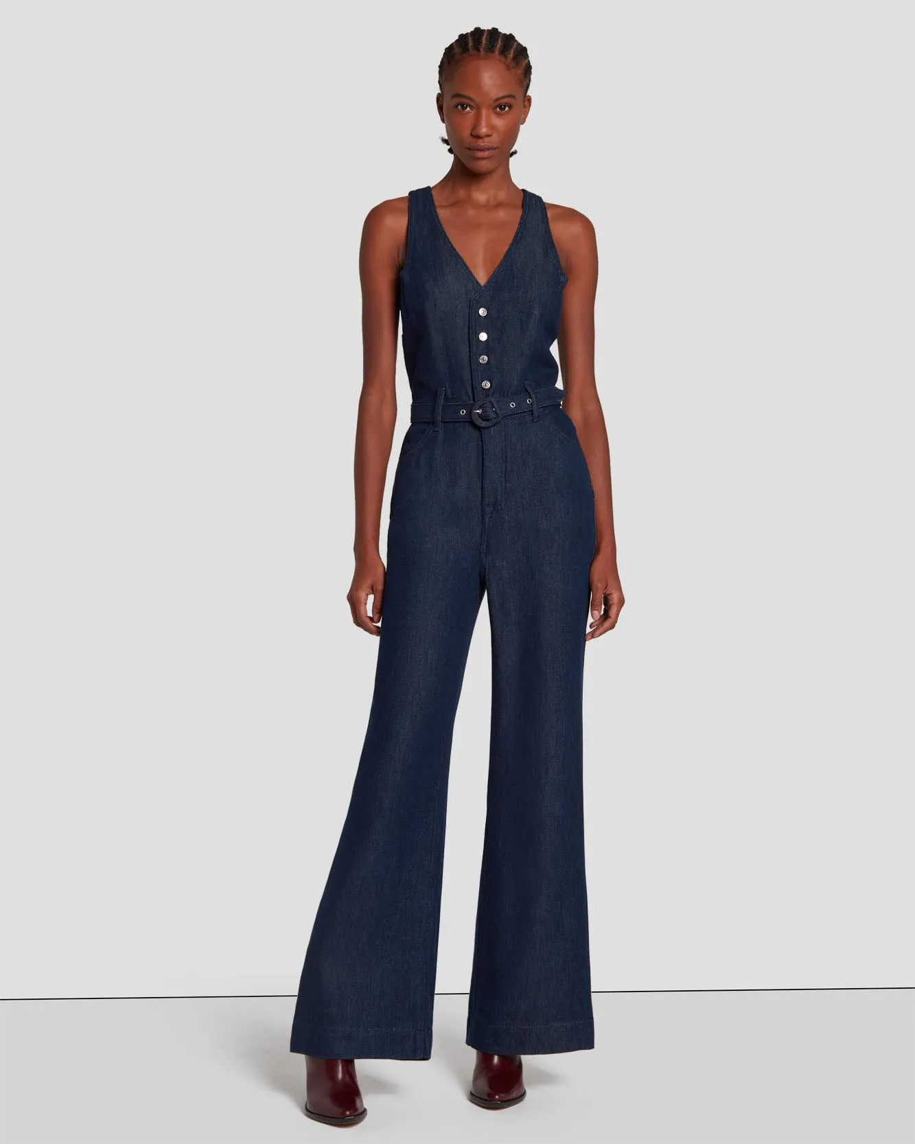 Denim Lustre Tailored Wide Leg Jumpsuit in Dark Rinse