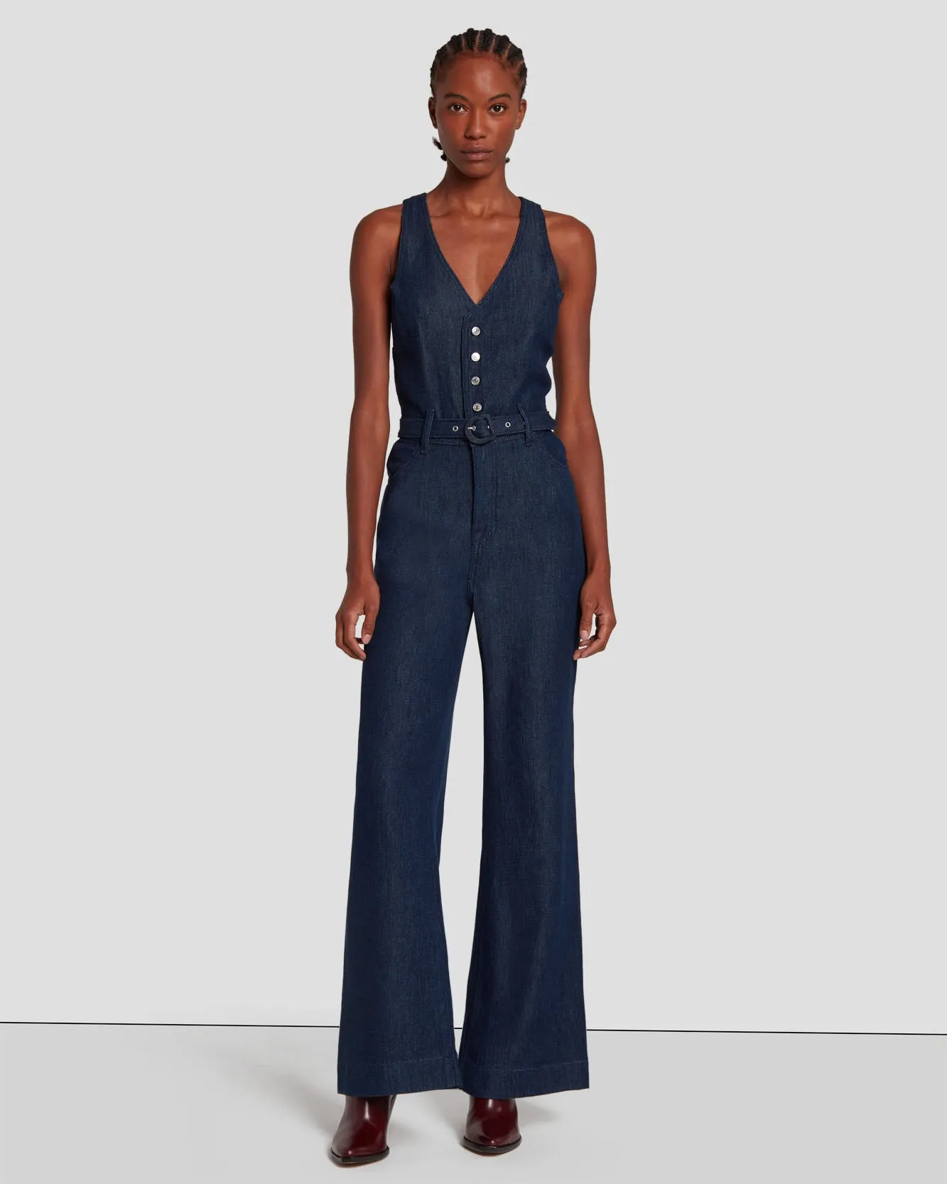 Denim Lustre Tailored Wide Leg Jumpsuit in Dark Rinse