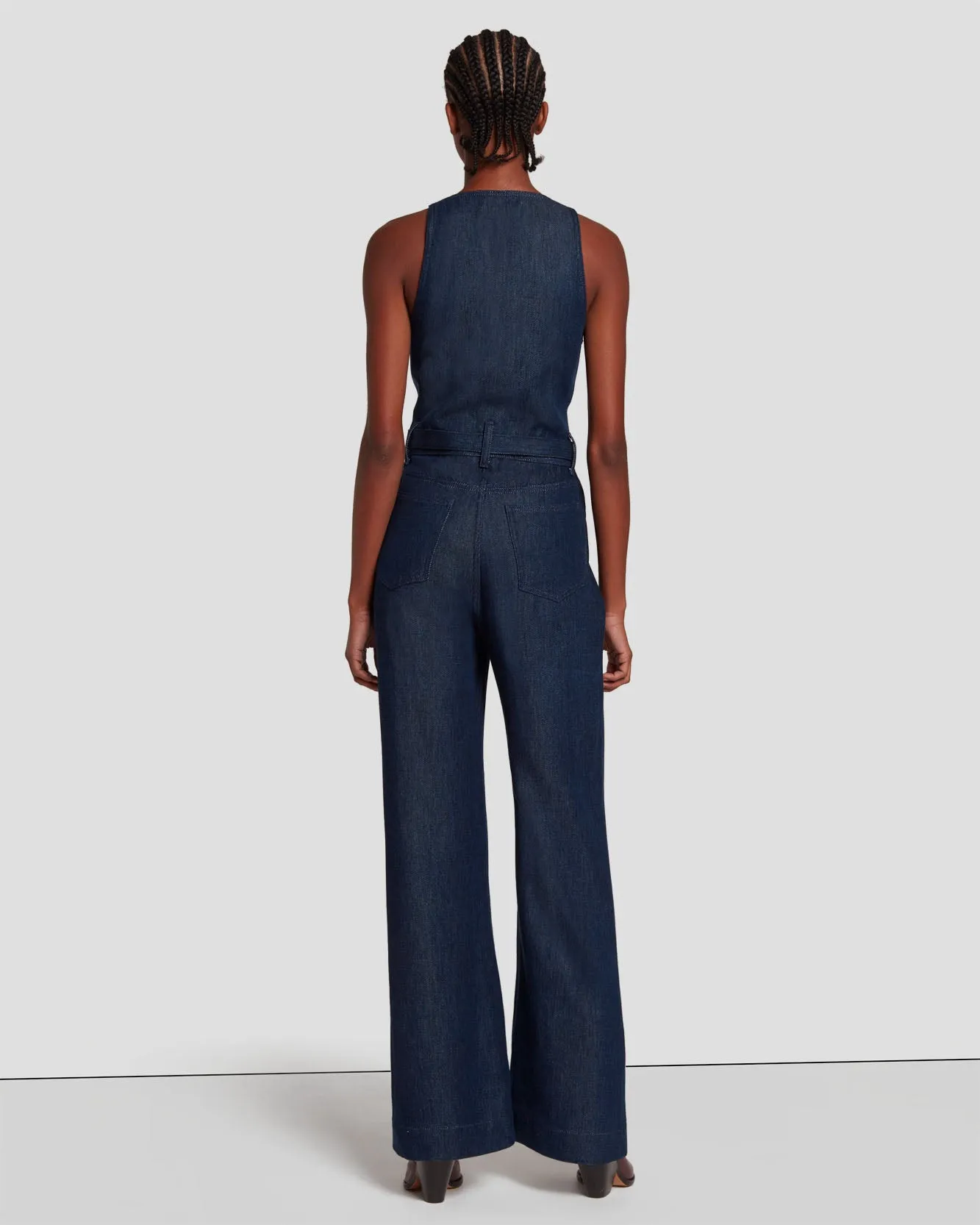 Denim Lustre Tailored Wide Leg Jumpsuit in Dark Rinse