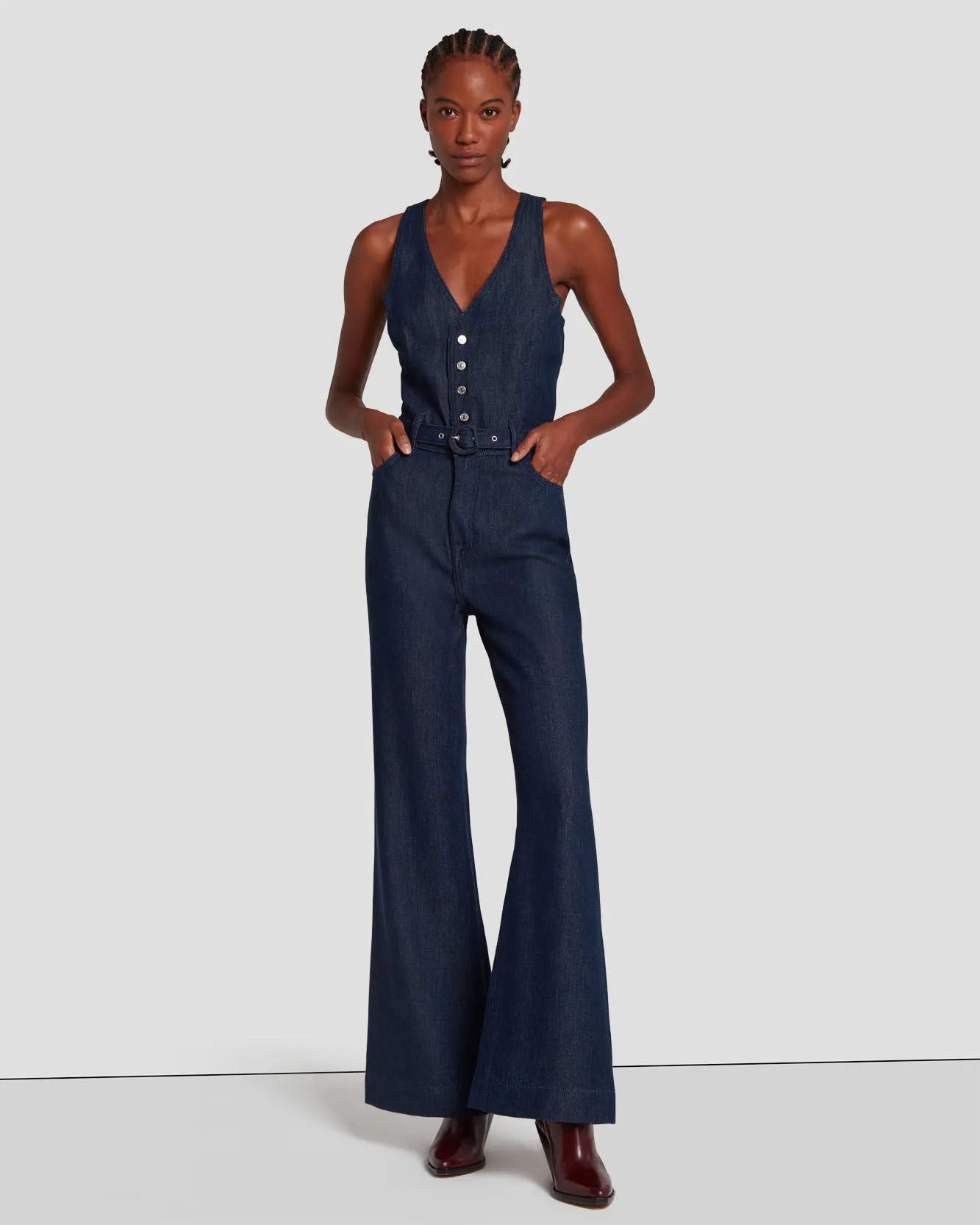 Denim Lustre Tailored Wide Leg Jumpsuit in Dark Rinse